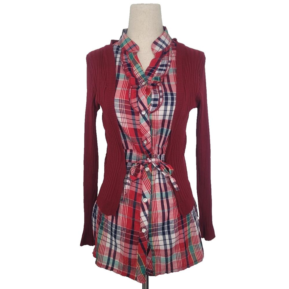 Vintage Y2K Sunshine Plaid Ruffle Cardigan Blouse Size S Red Preppy Teacher Twee